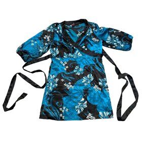 She's Cool Floral Kimono Wrap Dress XL Black & Teal Polyester 90's Style VTG